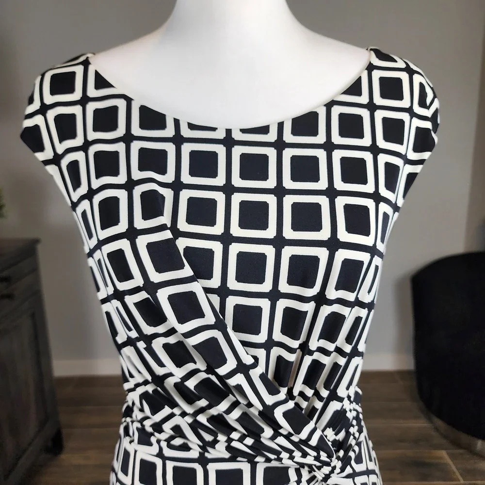 Lauren Ralph Lauren Twist Front Dress Womens 6 Black White Geometric Office Work